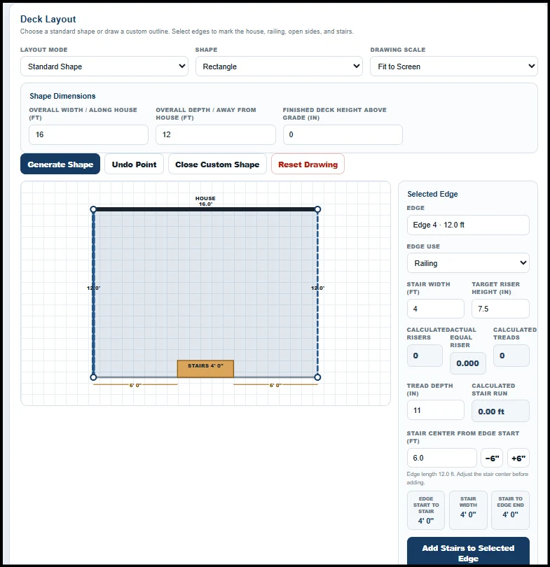 Visual deck layout editor showing dimensions, railing edges, and stairs