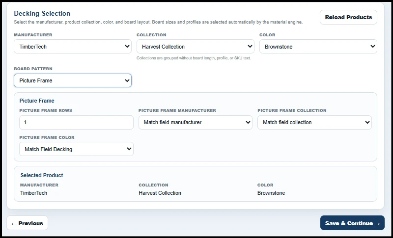Decking selection screen with manufacturer, collection, color, and picture frame settings