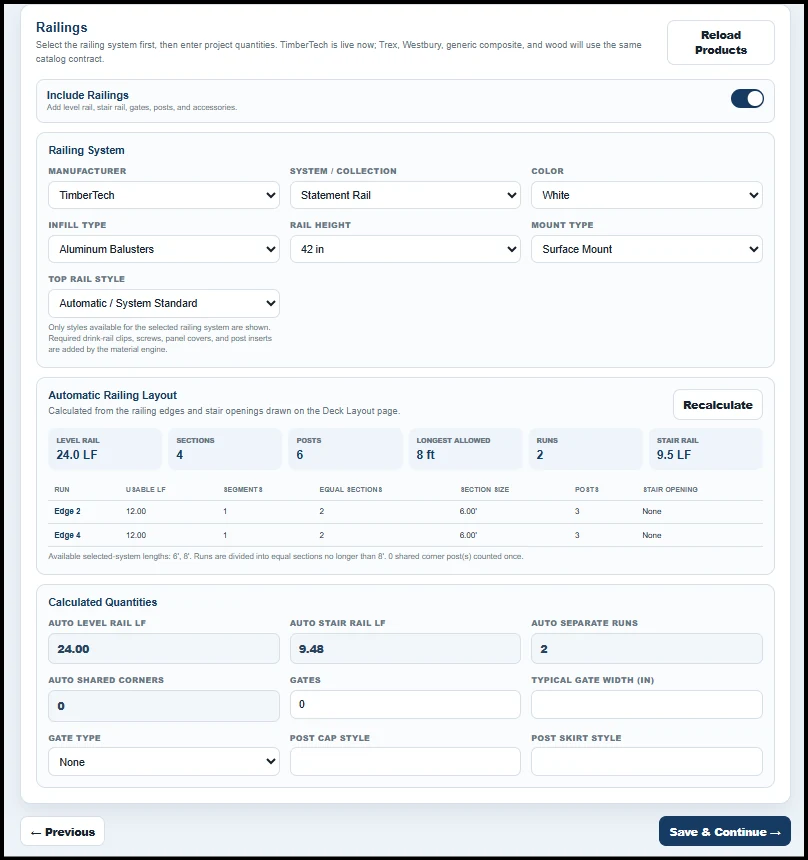 Railing screen showing automatically calculated sections, posts, and stair rail